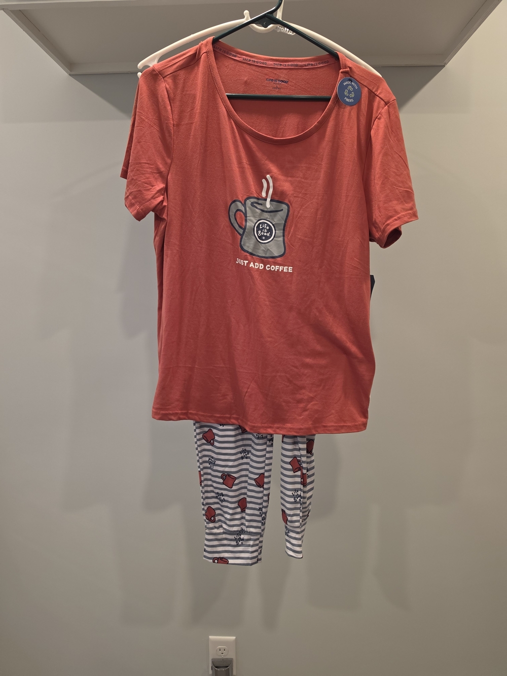 Life Is Good Coral 'Just Add Coffee' T-shirt With Matching Bottoms Pajama Set